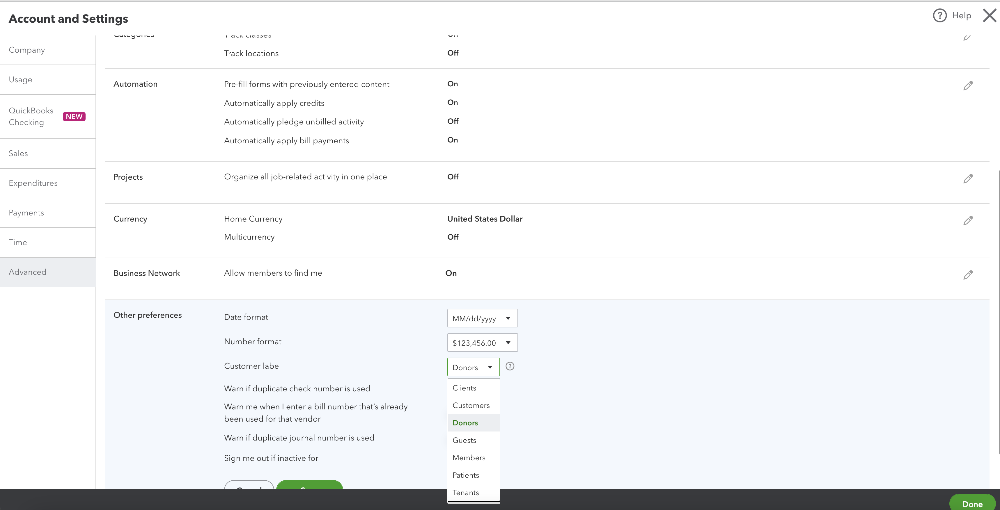 Donor QBO settings