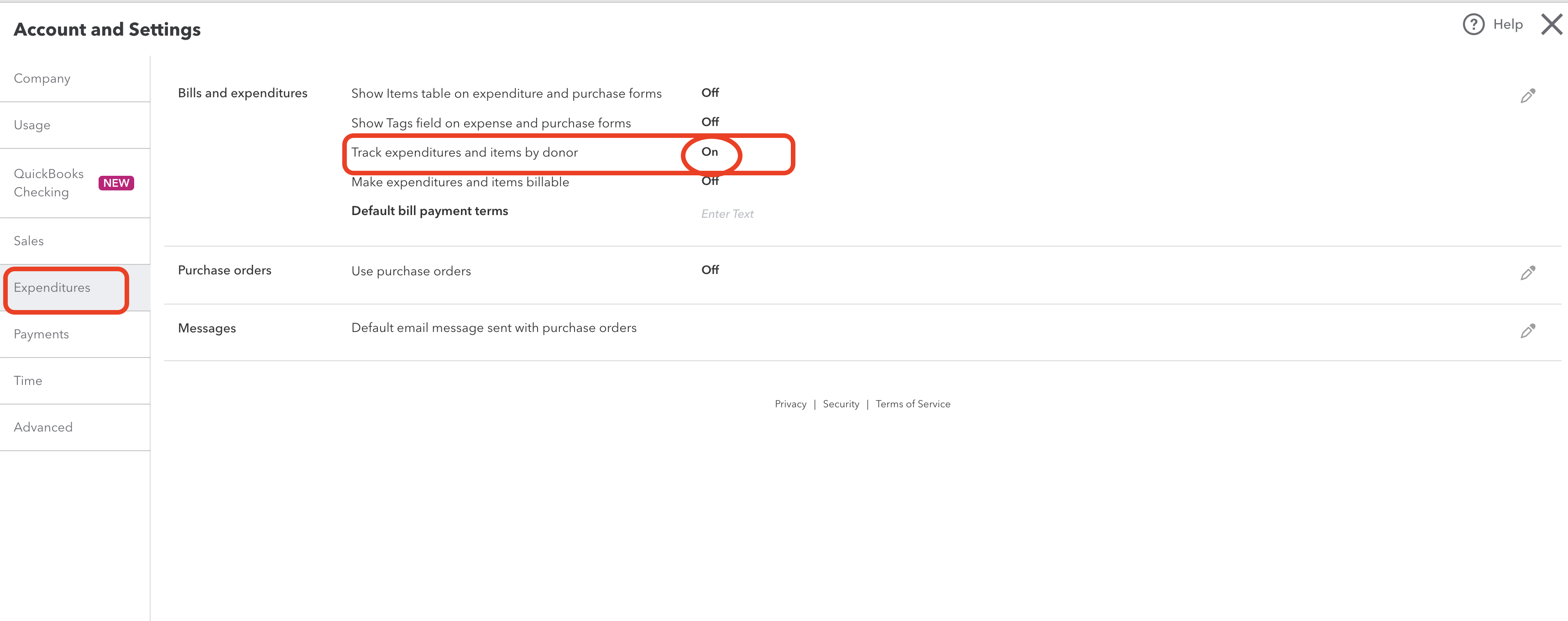 Donor QBO Settings Expenses